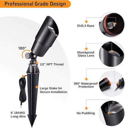Gardenreet Solid Brass Spot Lights - Black Low Voltage Landscape Spotlight Outdoor, 12V LED Uplights Wired, Waterproof Electric for Patio Wall with 4000K Bright White MR16 Bulb (6 Pack)