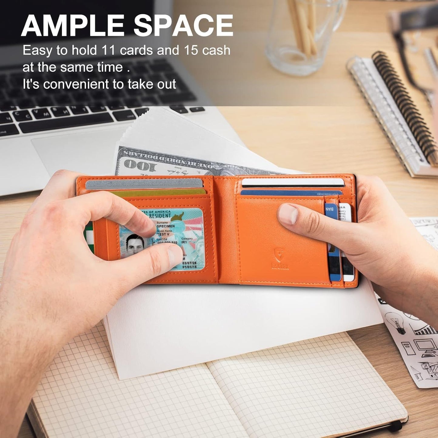 GSOIAX Slim Wallet for Men Rfid Blocking Leather Bifold Front Pocket Carbon Fiber Credit Card Holder Novelty Wallets With Gift Box (Carbon Black and Orange)