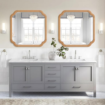 Ferytane Square Natural Wood Mirror 24X24 Inch,Wood Mirror for Bathroom Over Sink Rounded Corner Wooden Framed Mirror for Vanity, Entryway, Living Room Farmhouse, Tempered Glass (Natural Beech Wood)