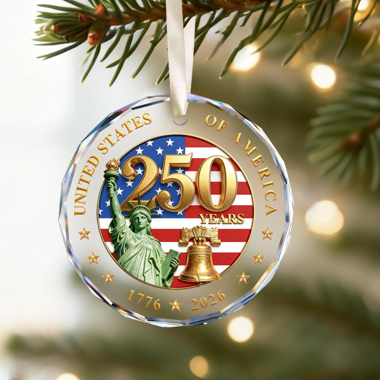 250 Anniversary USA Ornament for Fourth of July Decorations, Crystal Glass 1776-2026 Liberty Bell Memorial Day Decorations, USA 250th Anniversary Merchandise 4th of July Gifts for Men Women