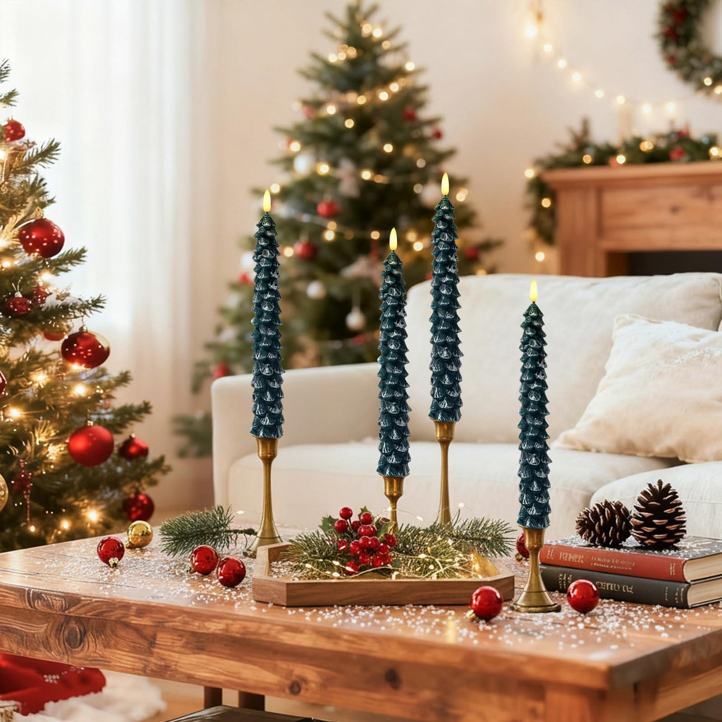 Christmas Decorations Indoor, Christmas Decor-Christmas Tree Taper Flameless Candles Battery Operated with Remote Timer, Xmas Candlestick Home Table Mantel Room Decor, 4 Pack(Green&White) Large, 11.4"