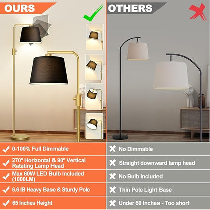 Nintiue Dimmable Gold Floor Lamp, 1000 LM LED Edison Bulb Included, Arc Floor Lamps for Living Room with Black Shade, Modern Standing Lamp Tall Lamps for Living Room Bedroom