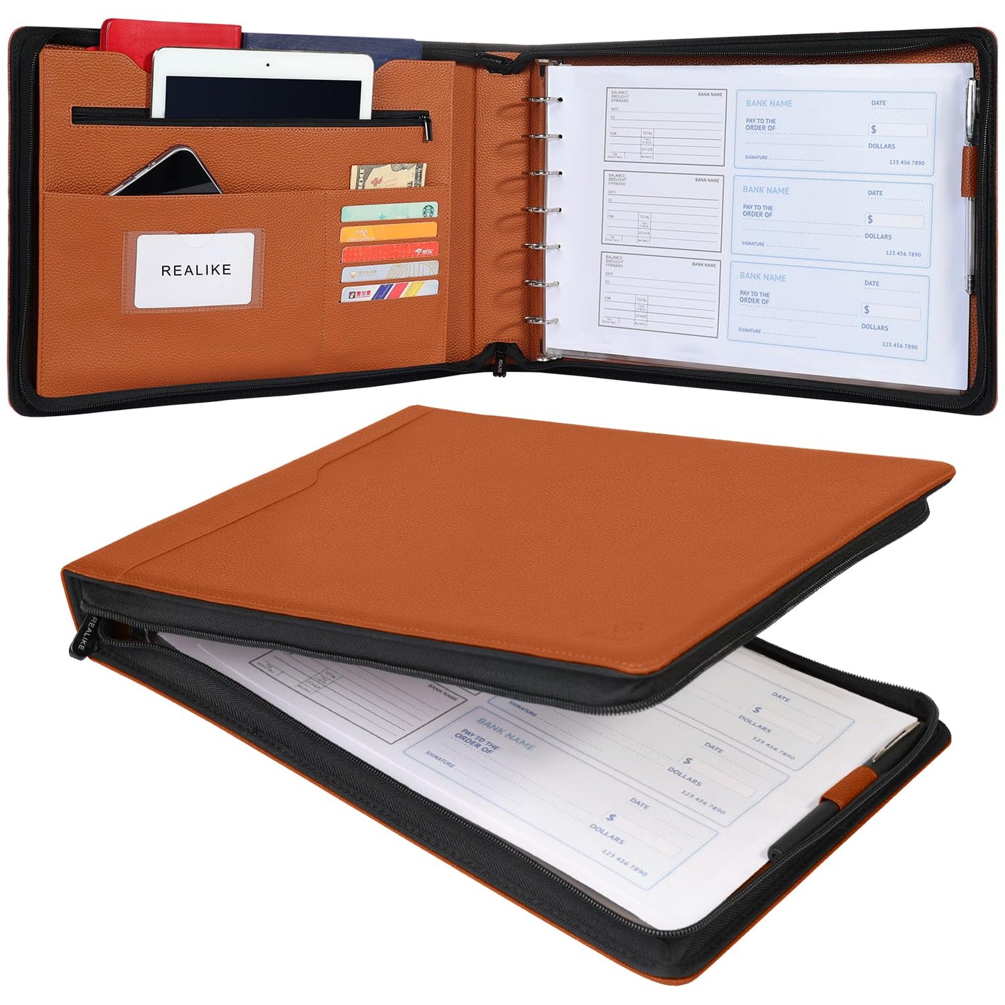 REALIKE Zippered Business Checkbook Binder for Business Checks, 7 Ring Check Binder for 9x13 Sheets,600 Checks Capacity, PU Leather Portfolio with Zipper Pouch & Storage Organizer
