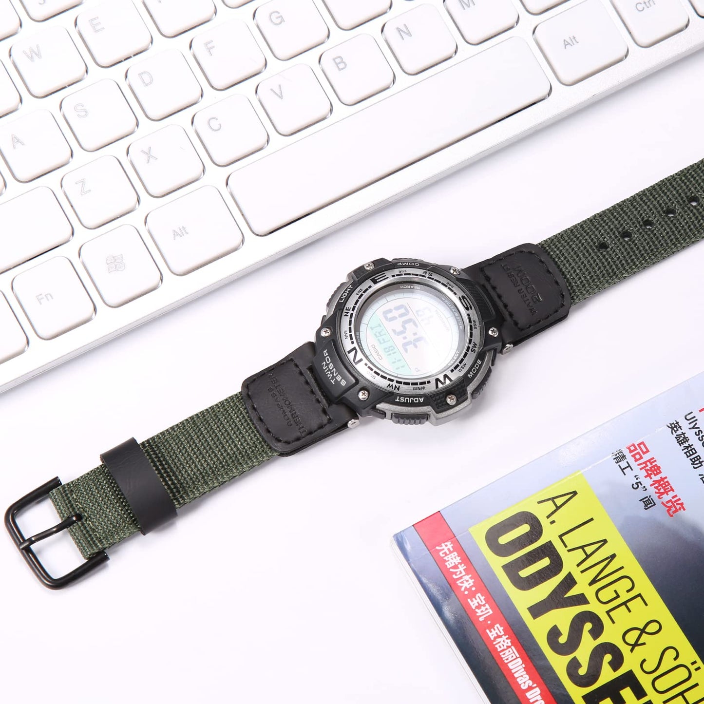 Nylon Watch Strap Compatible with Casio SGW-100 SGW-200 GW-3000B GW-3500B Replacement For Pathfinder PAS410 Band 24mm Men's Leather Strap -ArmyGreen