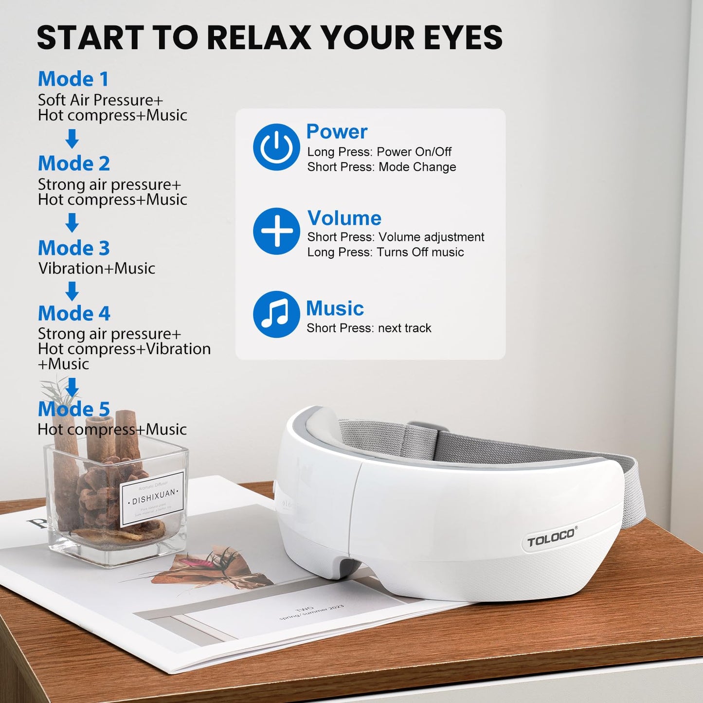 TOLOCO Eye Massager with Heat, FSA/HSA Eligible Eye Mask Massager for Migraines with Bluetooth Music, Face Massager for Eye Strain, Improve Sleep, Wedding, Birthday Gifts for Women/Men