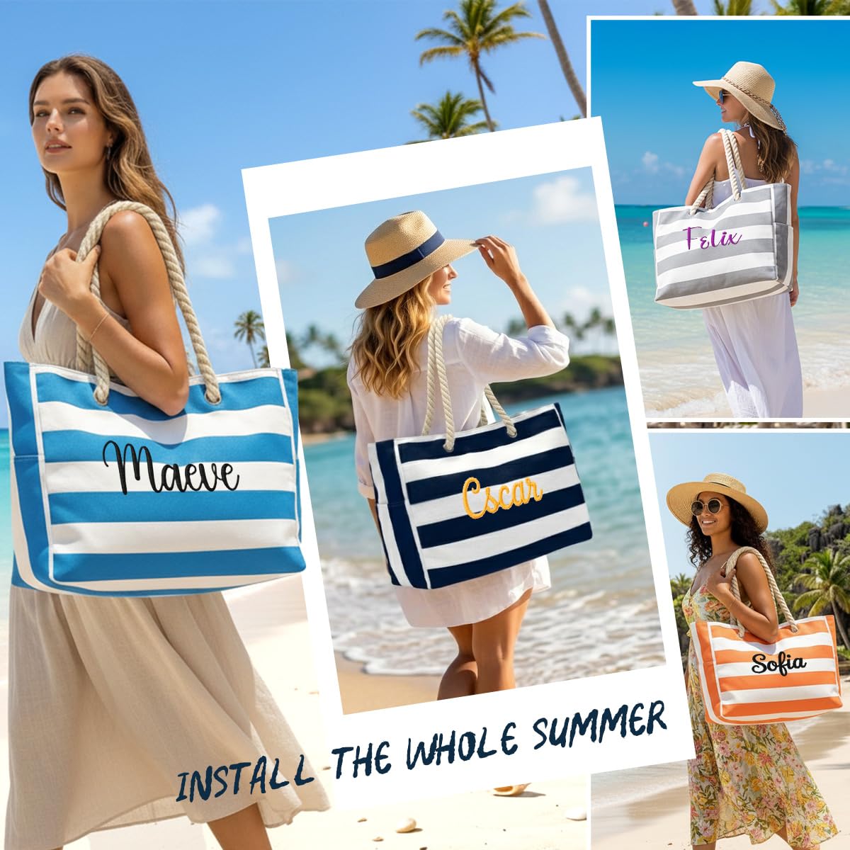 Ulico Personalized Beach Tote Bag for Women with Embroidered Name, Custom Large Waterproof Pool Bag with Zipper, Sandproof Swim Tote for Travel