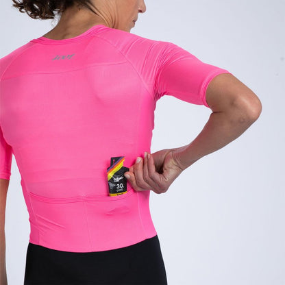 Zoot Women’s Core Tri Aero FZ Racesuit, Short Sleeve Moisture-Wicking Triathlon Suit, Plush Chamois & Race Day Storage - Bright Pink - Large
