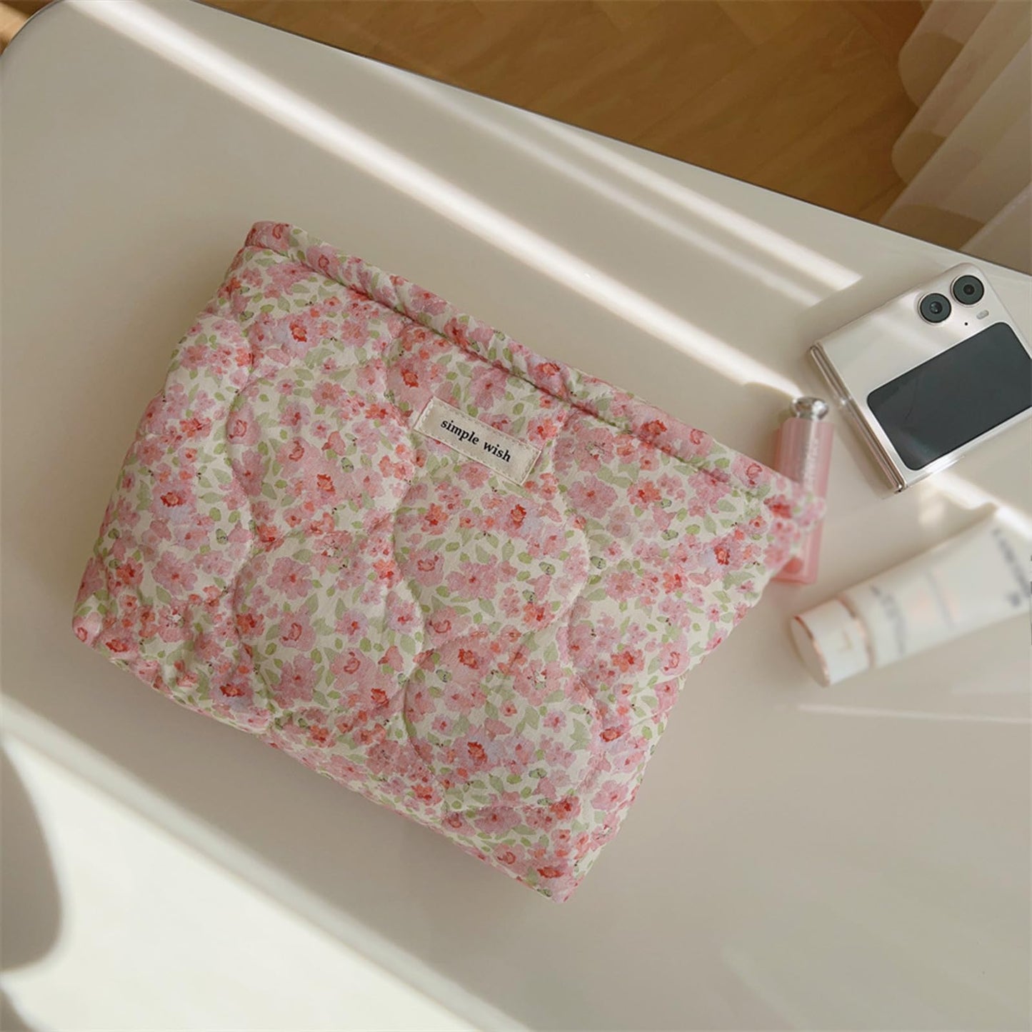 Sminra Floral Makeup Bag Large Travel Cotton Quilted Cosmetic Makeup Bag Organizer, Cute Coquette Aesthetic Zipper Portable Pouch Purse Toiletry Bag accessories