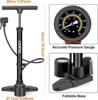 Bike Pump with Pressure Gauge - 160 PSI Portable Air Pump for Presta & Schrader Valves | Compact Design