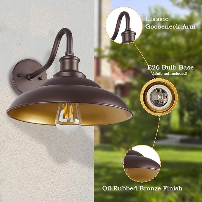 Gooseneck Barn Light - 12" Farmhouse Exterior Wall Mount Sconce, Industrial Black & Oil Rubbed Bronze, 3 Pack - Outdoor & Indoor Use