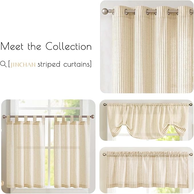 jinchan Tie Top Linen Kitchen Curtains 24 Inches Striped Tier Curtains Farmhouse Modern Cafe Style Small Window Treatments Airy Light Filtering Rod Pocket for Living Room Bathroom 2 Panels Beige