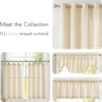 jinchan Tie Top Linen Kitchen Curtains 24 Inches Striped Tier Curtains Farmhouse Modern Cafe Style Small Window Treatments Airy Light Filtering Rod Pocket for Living Room Bathroom 2 Panels Beige
