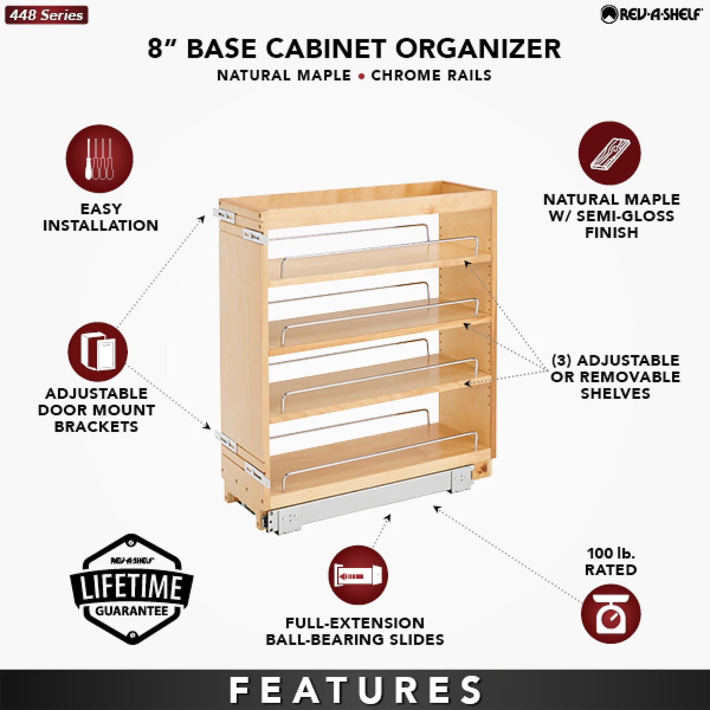 Rev-A-Shelf 6.5" Pullout Kitchen Cabinet Storage Organizer Slide Out Pantry Spice Rack with Adjustable Shelves, Natural Maple, 448-BC-6C