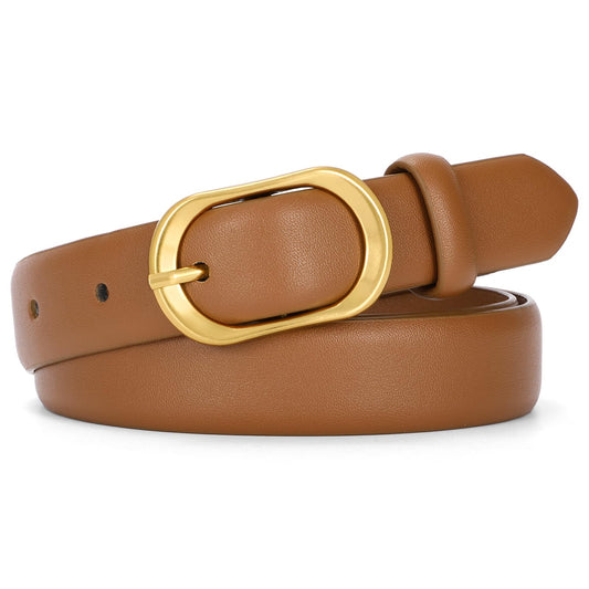 SANSTHS Women Belt for Jeans with Vintage Gold Oval Buckle, Thin Belt for Dresses Pants, Adjustable Waist Belt for Daily Fashion, Brown XS