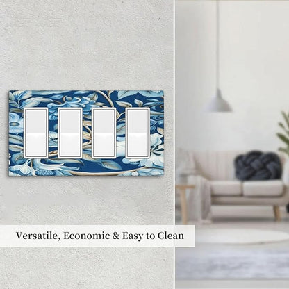 Blue Flowers Branches Leaves Floral Pattern Light Switch Cover 4 Gang Rocker Decora Outlet Covers Wall Plate Decorative Switchplate Electrical Faceplate GFCI for Farmhouse Living Bedroom Decor