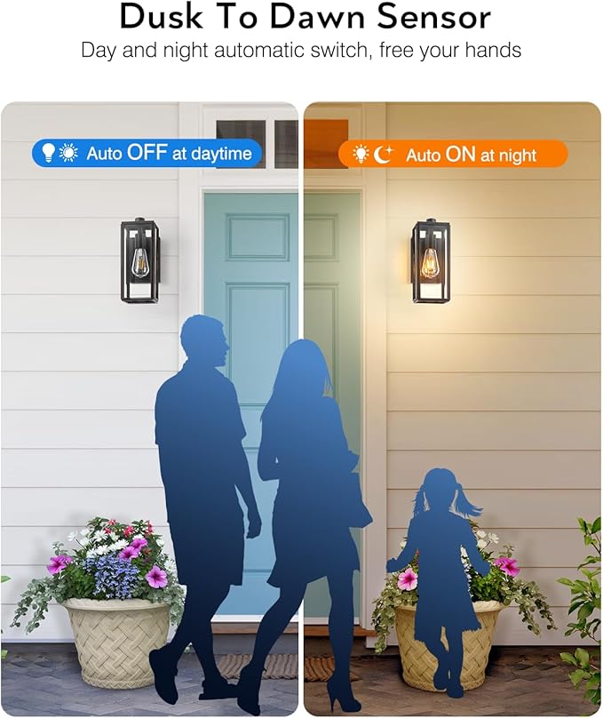 VIANIS Dusk to Dawn Outdoor Wall Lighting, Exterior Waterproof Wall Sconce Light Fixtures, Black Outside Porch Lights with Toughened Glass Shade, Anti-Rust Wall Mount Lantern for Garage 2Pcs
