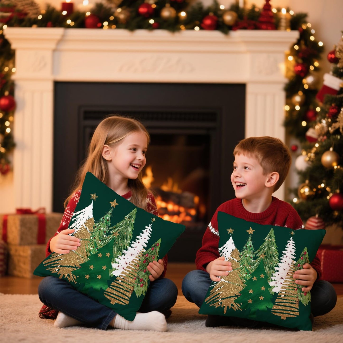 Artmag Christmas Tree Pillow Covers 24x24 Inch Set of 2, Decorative Farmhouse Green Pillow Shams Cases Slipcovers for Home Couch Sofa Decorations