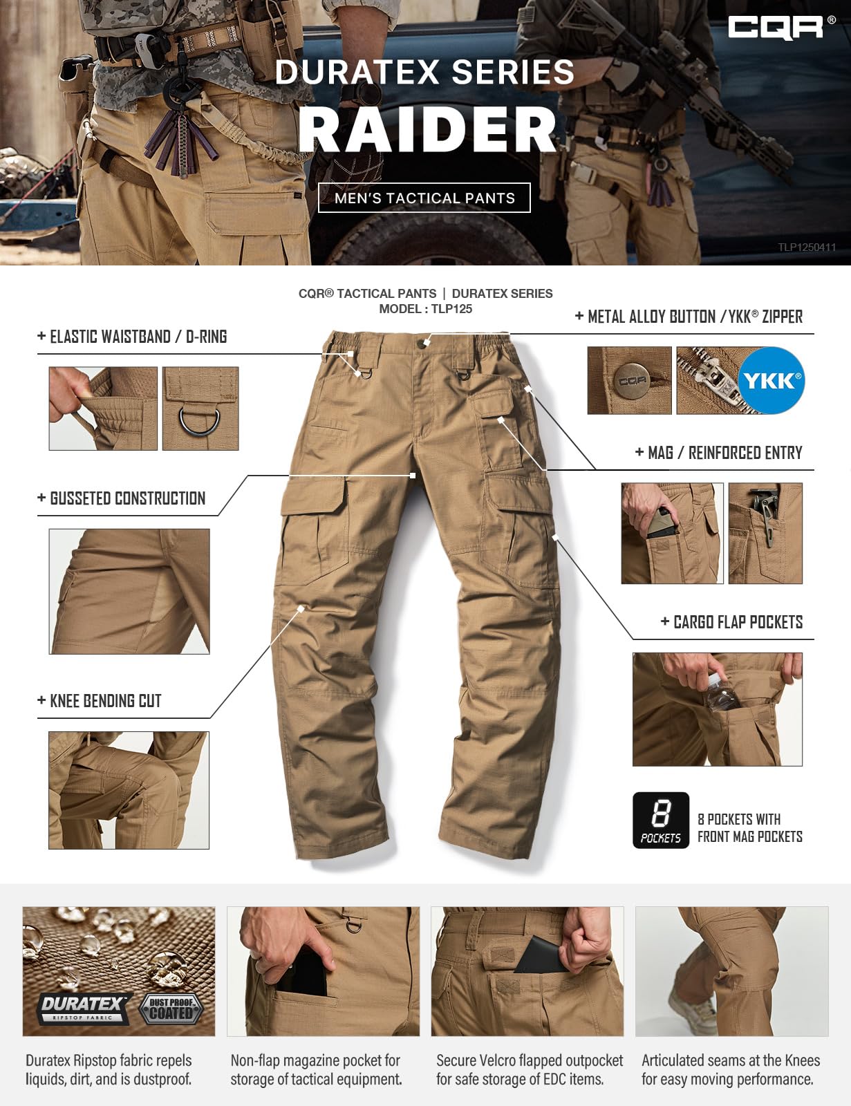 CQR Men's Tactical Pants, Water Resistant Ripstop Cargo Pants, Lightweight EDC Work Hiking Pants, Outdoor Apparel, Raider Mag Cougar, 32W x 30L