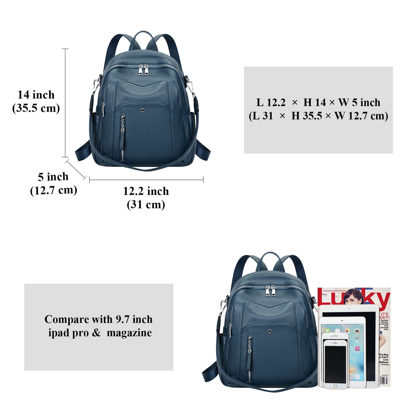 ALTOSY Fashion Genuine Leather Backpack Purse for Women Shoulder Bag Casual Daypack Medium(S9 Indigo Blue)