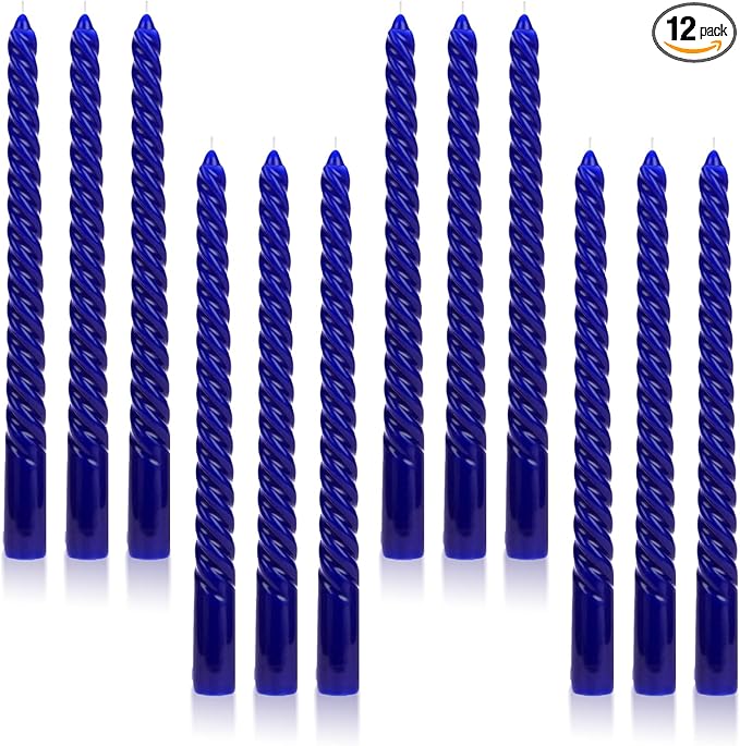 Tobeape Blue Twisted Taper Candles Set of 12, 10 Inch Tall Unscented Dripless, Smokeless Spiral Tapered Candlestick for Wedding Home Décor Dinner Hanukkah - 8 Hour Long Burning