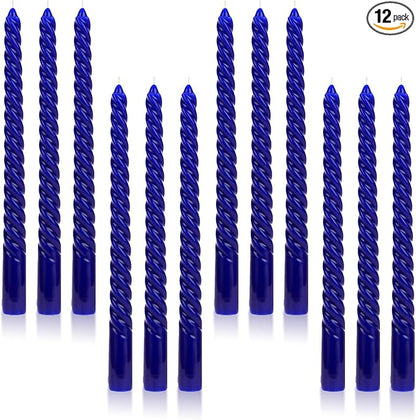 Tobeape Blue Twisted Taper Candles Set of 12, 10 Inch Tall Unscented Dripless, Smokeless Spiral Tapered Candlestick for Wedding Home Décor Dinner Hanukkah - 8 Hour Long Burning