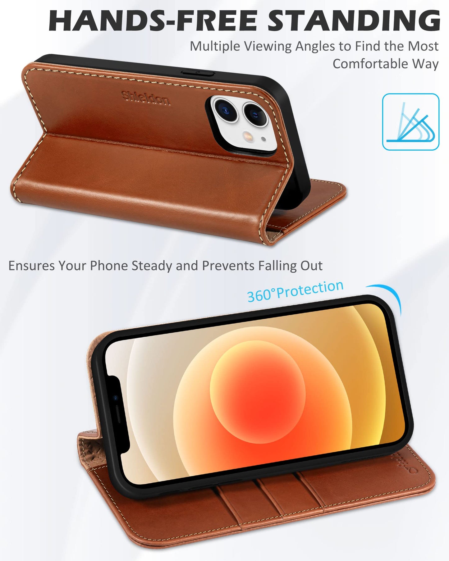 SHIELDON Wallet Case for iPhone 12 5G, Genuine Leather Folio Case Magnetic Shock Absorbing Cover RFID Blocking Credit Card Holder Kickstand Compatible with iPhone 12/12 Pro 6.1" - Retro Brown