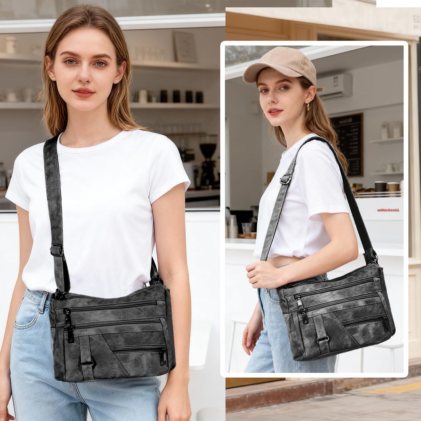 ELDA Crossbody Purse for Women Shoulder Bag Multi-Pockets Black Handbag Messenger Bag Trendy Travel Pocketbooks