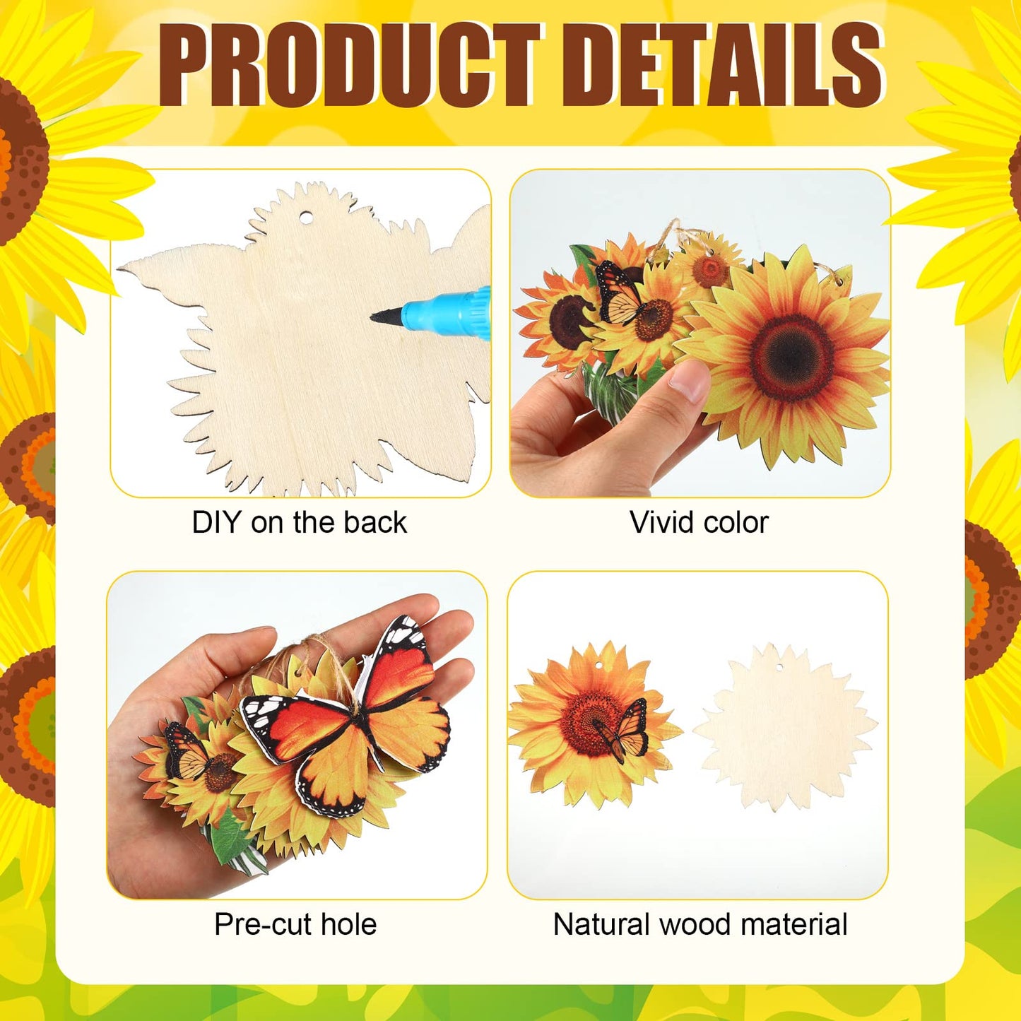 Qunclay 36 Pcs Sunflower Tree Decorations Summer Wooden Ornaments Spring Yellow Flower Butterfly Hanging Ornament Summer Sunflower Wood Pendant with Rope for Small Tree Home Party Decor