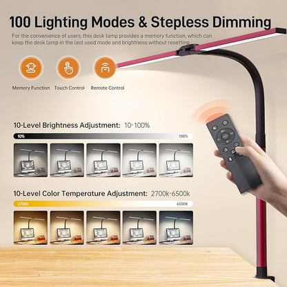 LED Desk Lamp for Home Office, Eye-Caring Desk Light with Clamp, 24W Double Head Architect Task Lamp Stepless Dimming, Flexible Gooseneck Bright Table Lamp for Study Reading Workbench Drafting Red