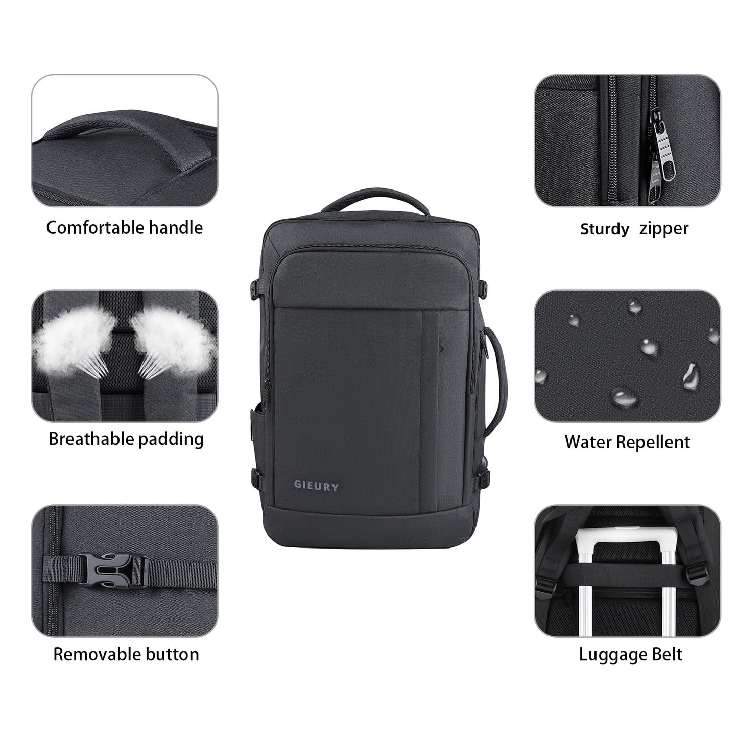 Gieury Carry On Backpack, 50L Travel Backpack, Luggage Backpack TSA Flight Approved Laptop Backpack for Men & Women, Large Expandable 40L Daypack Lightweight Business Weekender Bag, Black