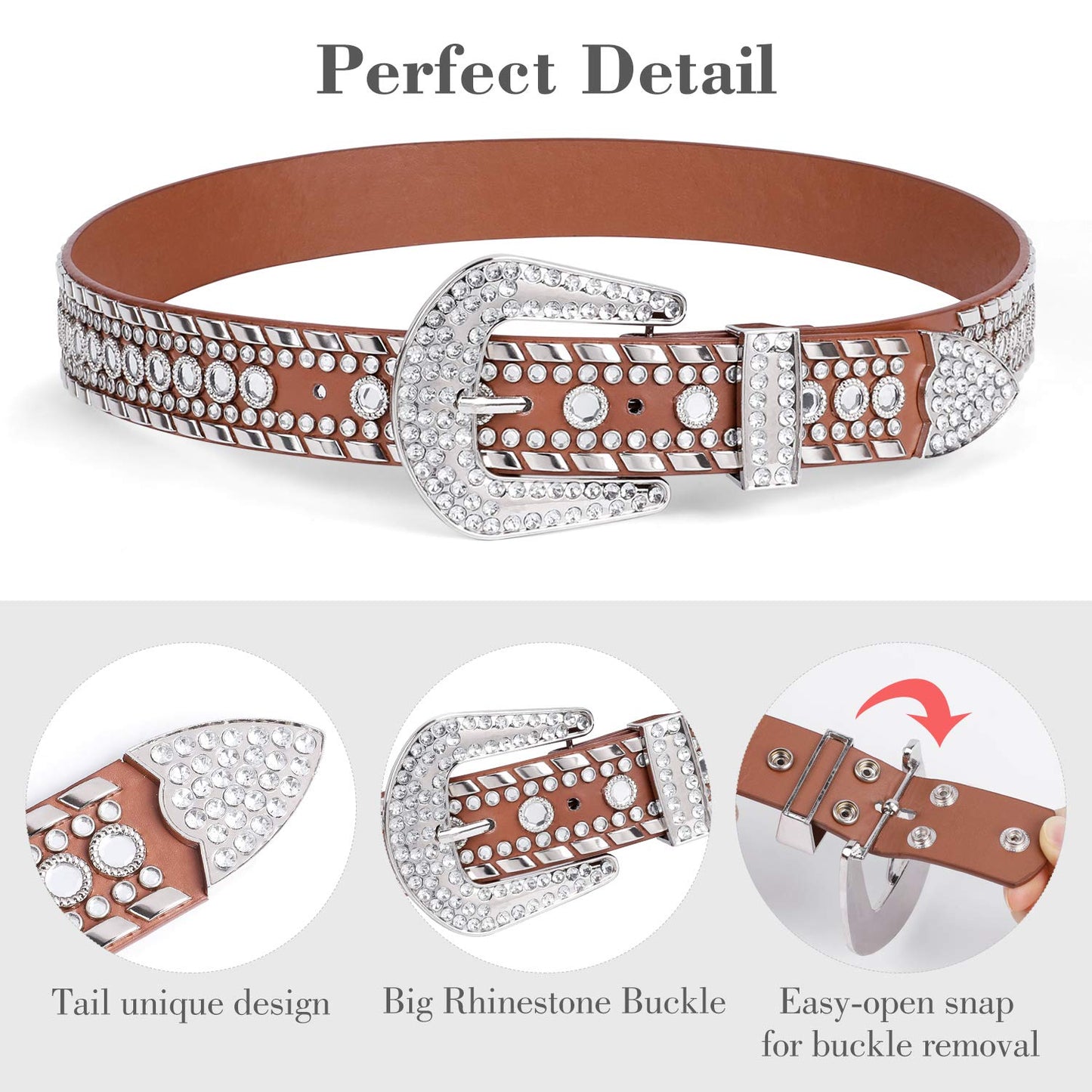 SUOSDEY Rhinestone Belt for Men Women Western Cowboy Cowgirl Bling Studded Leather Belt for Jeans Pants,Brown,M