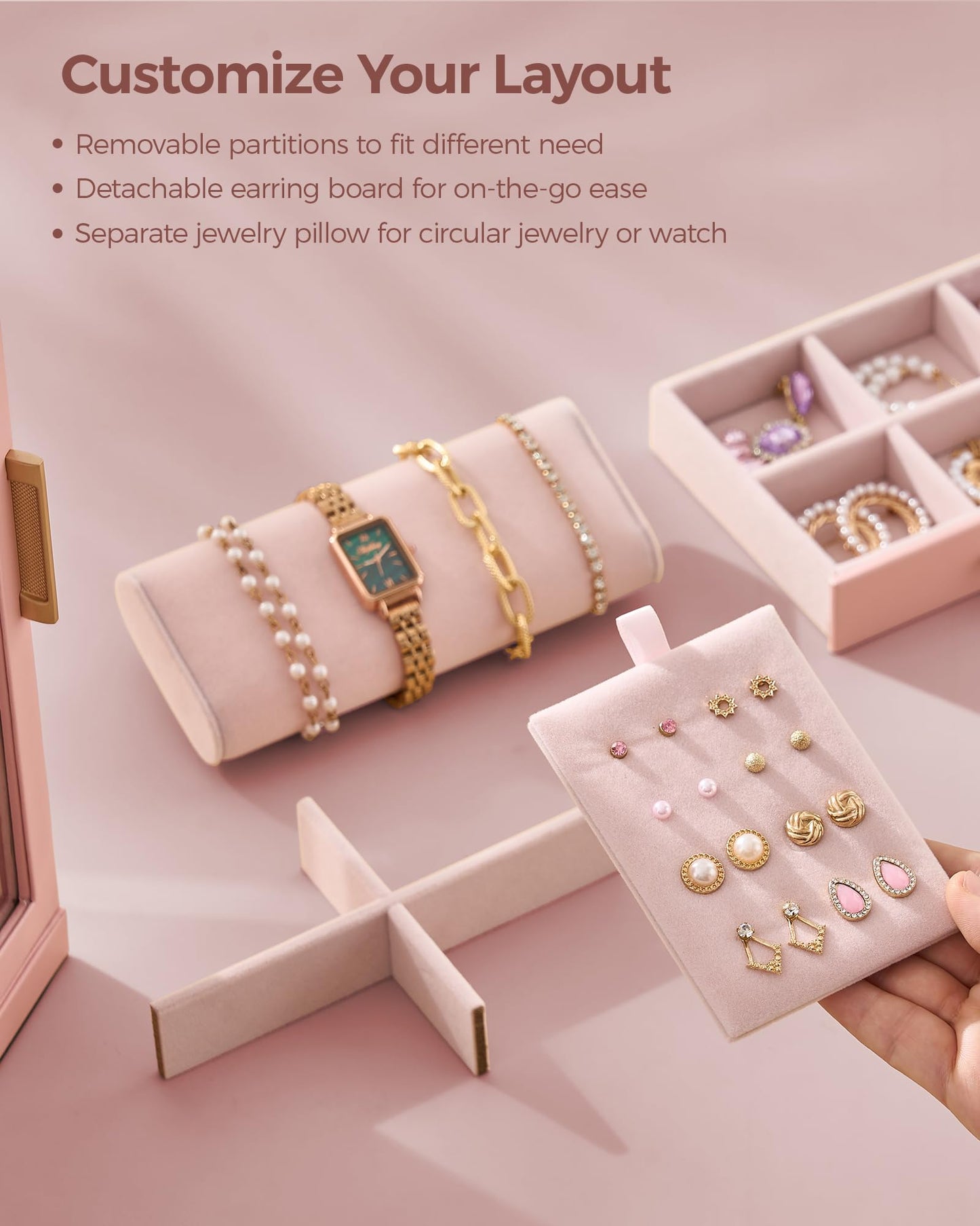 Glimmloop 360° Rotating Jewelry Box with 7 Drawers, Spacious Vertical Jewelry Organizer with Glass Window, Jewelry Storage Case, Dustproof & Moisture-resistant Design, Pink