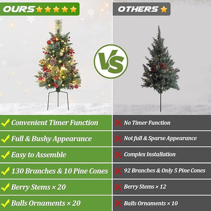 Set of 2 Outdoor Pathway Christmas Trees, 30in Artificial Xmas Tree with 35 LED Lights, 8 Lighting Modes & Timer, Red & Gold Berries, Ball Ornaments, Holiday Décor for Driveway, Porch, Yard