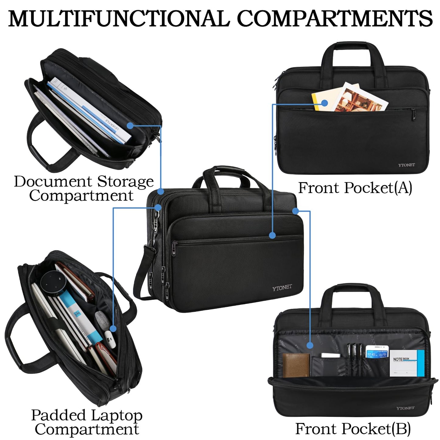 Ytonet Laptop Briefcases for Men, 17 Inch Expandable Briefcase Computer Bags for Laptop for Men, Water Resistant Multi Compartments Men's Work Bag with Luggage Strap for Bussiness Travel, Black