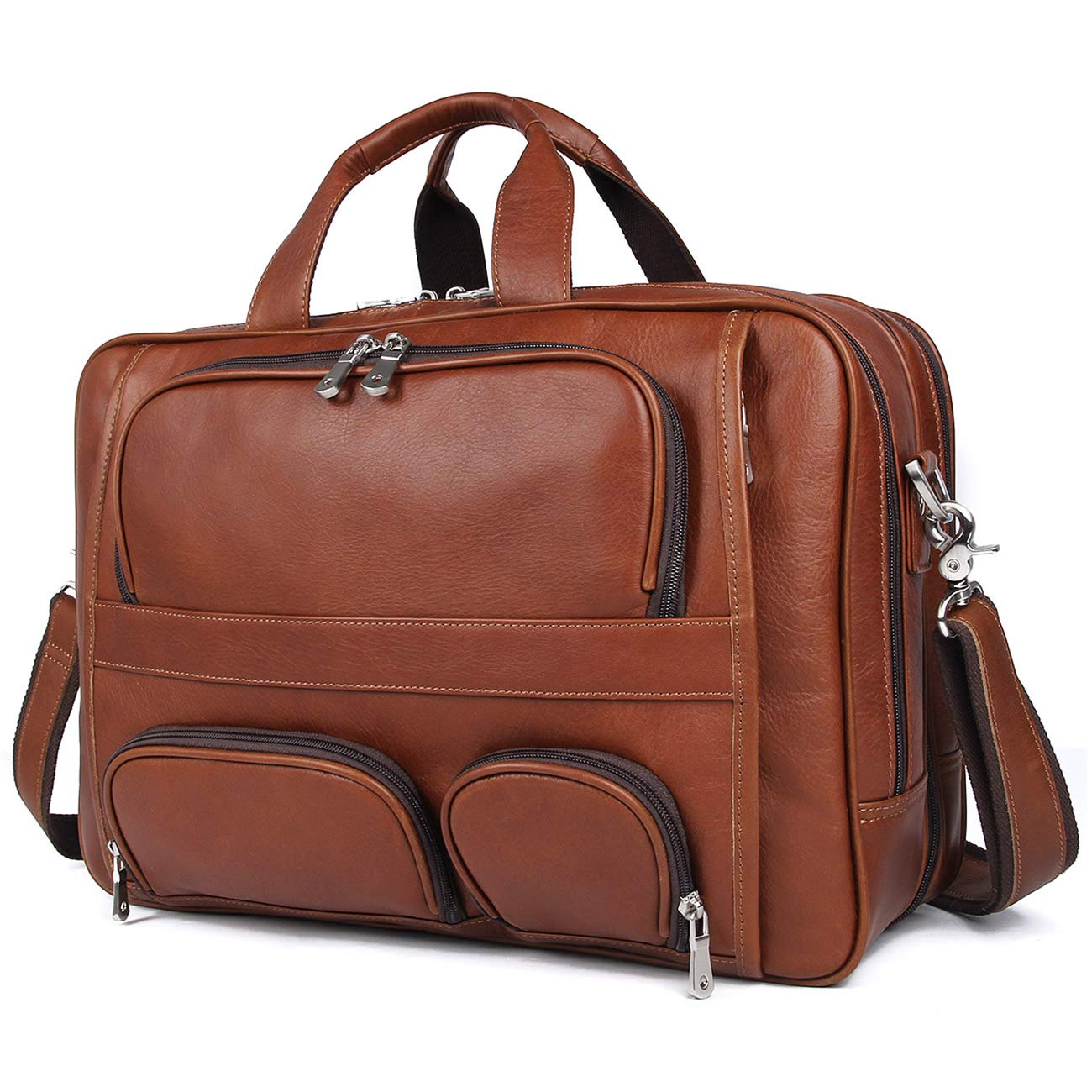 Augus Business Travel Briefcase Genuine Leather Duffel Bags for Men Laptop Bag fits 15.6 inches Laptop (Light Brown)