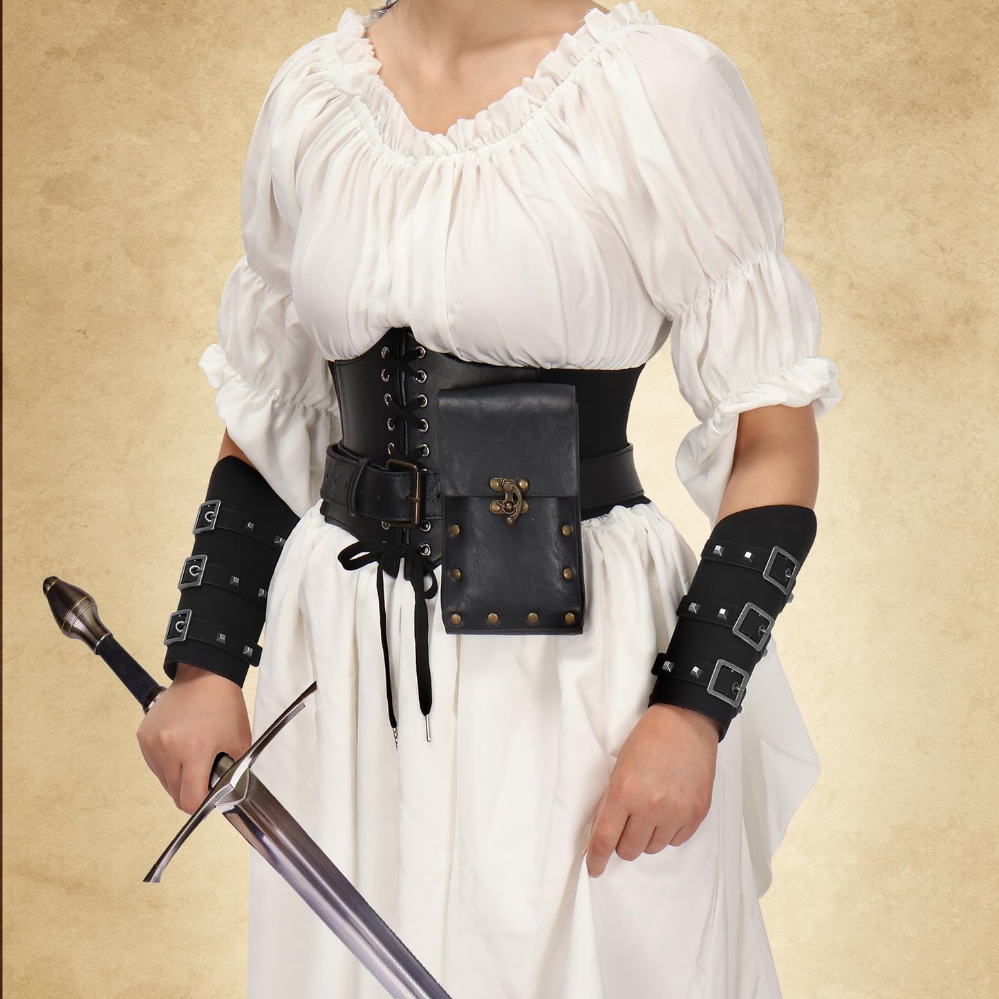 Magibag Women Renaissance Corset Belt Pouch Halloween Medieval Renaissance Costume Accessories (Black Arm Guards Set, L/Waist 32"-43")