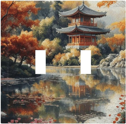 Decorative Art Light Switch Covers Lake & Pagoda in Fall 2 Gang Double Toggle Wall Plate Decorative Switchcover Electrical Switchplate for Home Decor