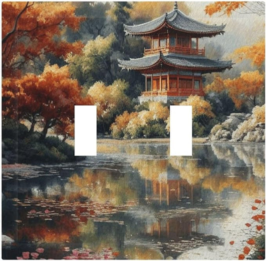 Decorative Art Light Switch Covers Lake & Pagoda in Fall 2 Gang Double Toggle Wall Plate Decorative Switchcover Electrical Switchplate for Home Decor