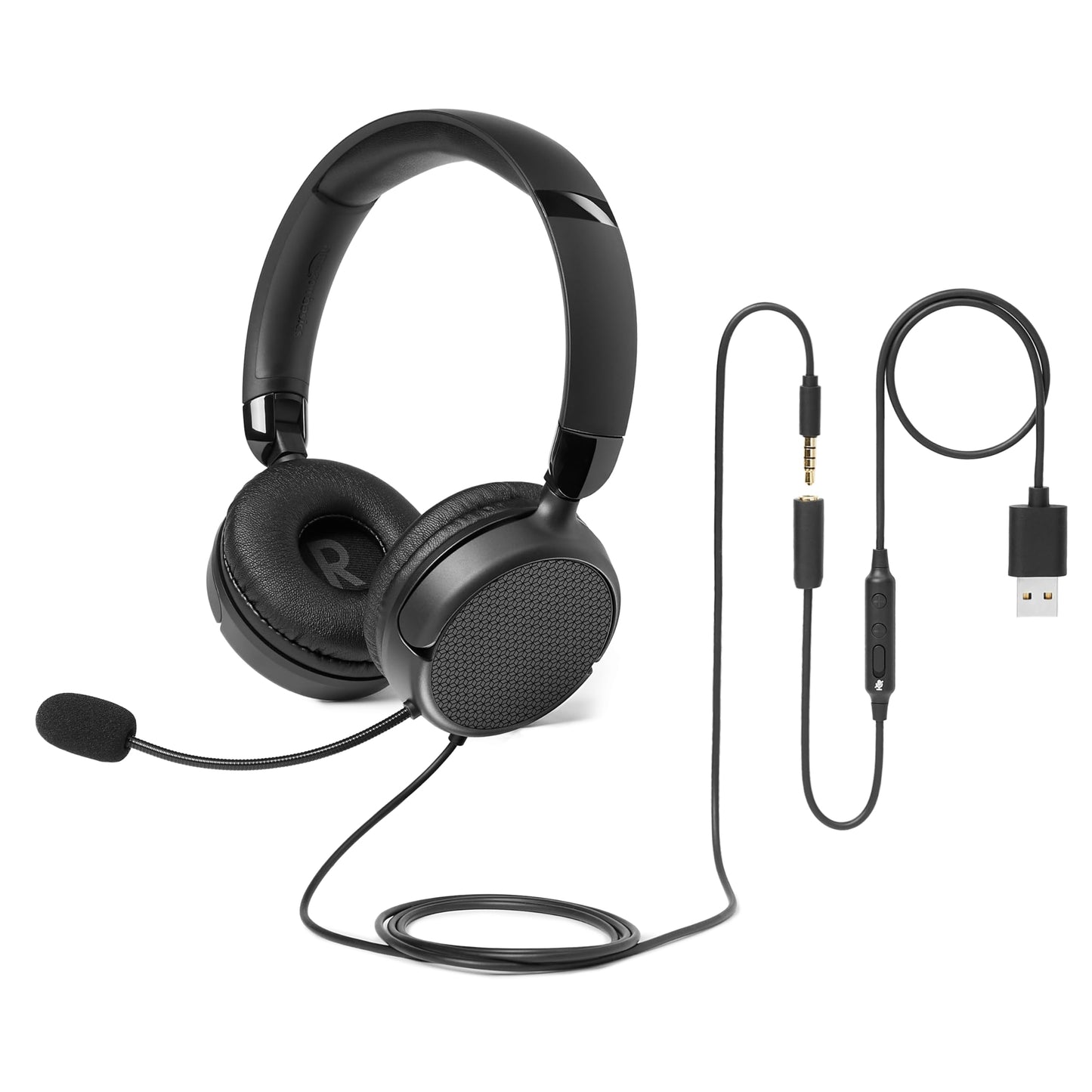 Amazon Basics On Ear Wired Computer Headset with Adjustable Microphone, 3.5mm Port or in-Line Control with USB-A Port, Foldable, Clear Sound, Small/Medium Size, Black