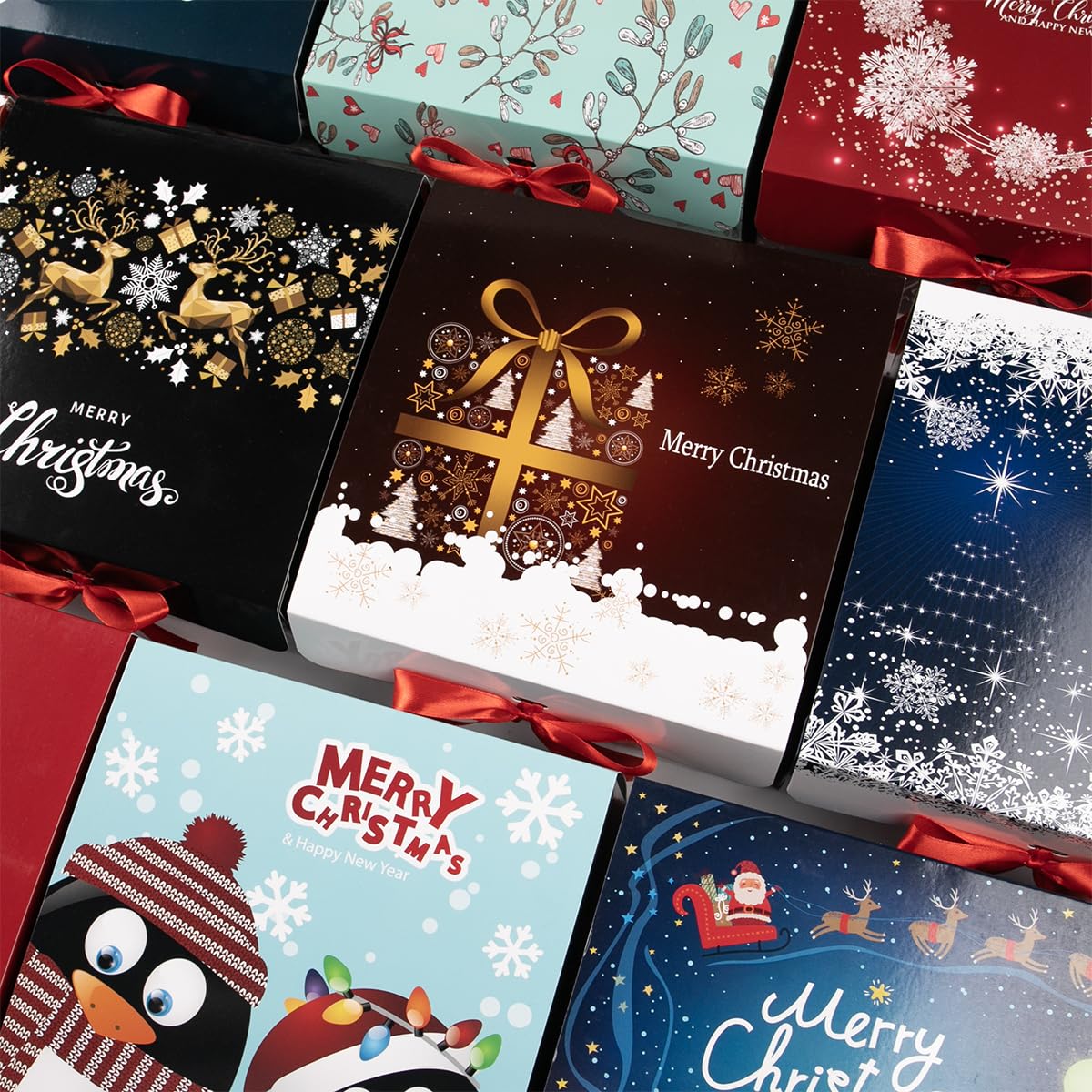 ARTLYMERS Christmas Gift Boxes with Lids, 12 Pack Gift Box and Red Ribbon Christmas Themed Pattern Small Gift Boxes for Xmas Presents Gifts Easy Assemble