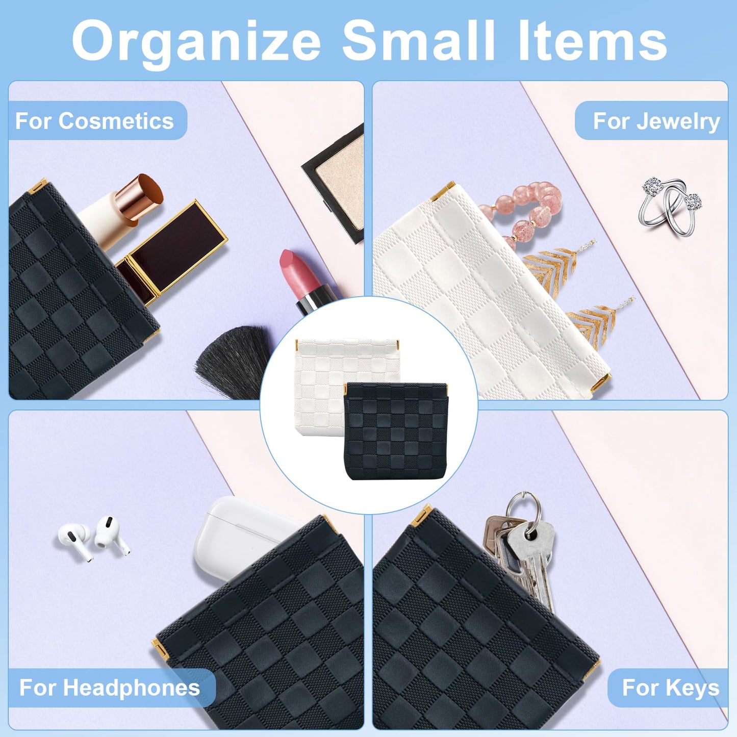 4PCS Small Makeup Bag for Purse, Mini Leather Pocket Cosmetic Bag for Women, Waterproof Portable Makeup Pouch No Zipper Coin Purse Lipstick Bag Accessories, Checkered Travel Storage Bag(White, Black)
