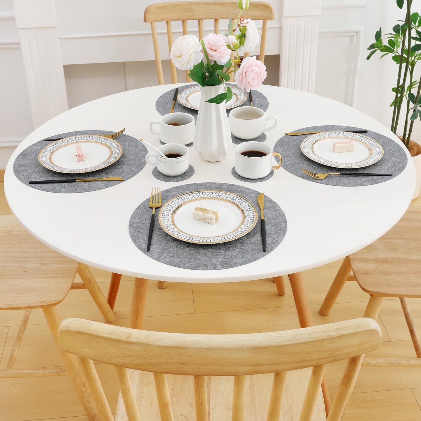 Homaxy Round Faux Leather Placemats and Coasters, Washable Dual-Side Table Mats, Wipeable Heat-Resistant Dining Place Mats for Outdoor and Indoor, Set of 12, Diameter 13 and 3.93 inch, Light Grey