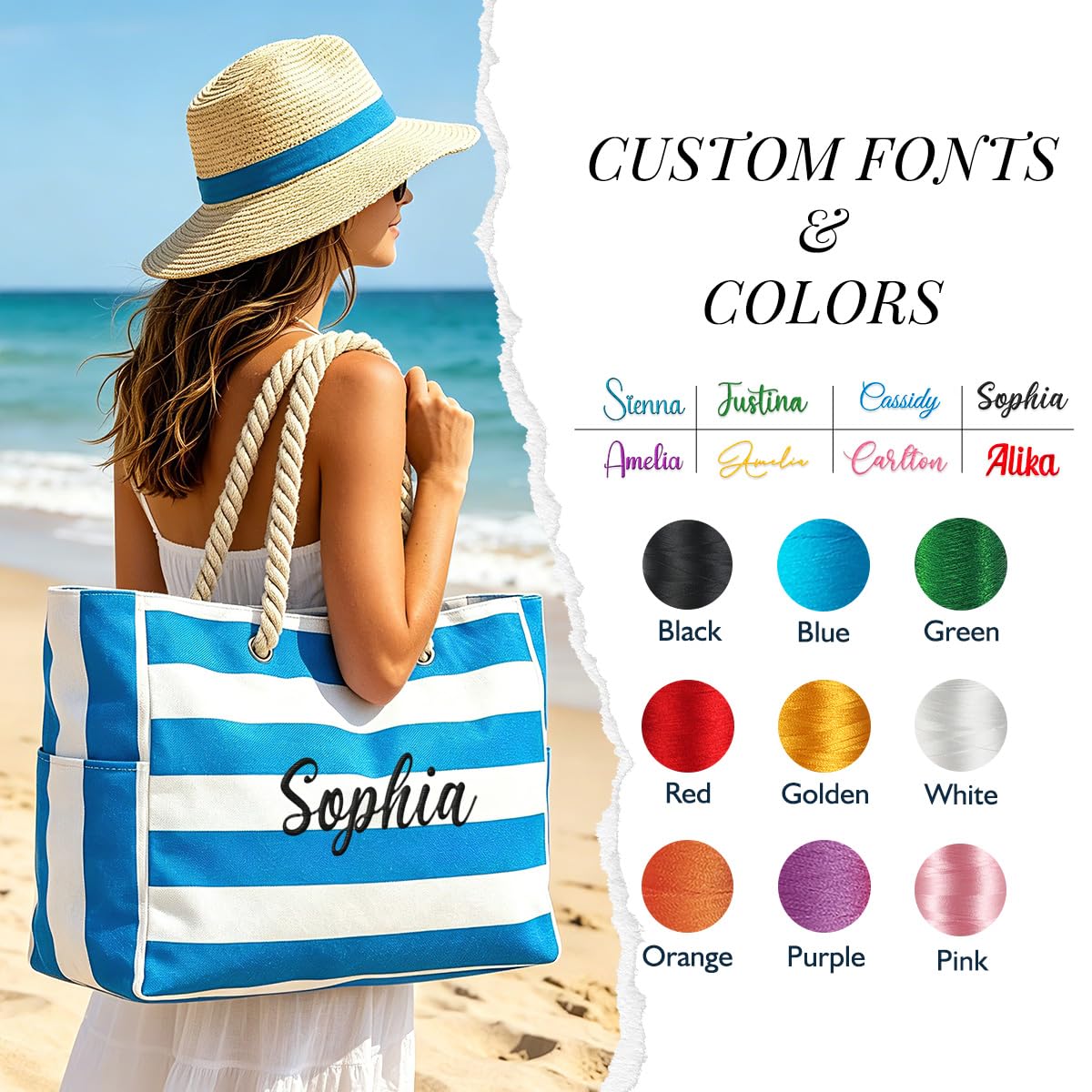 Ulico Personalized Beach Tote Bag for Women with Embroidered Name, Custom Large Waterproof Pool Bag with Zipper, Sandproof Swim Tote for Travel