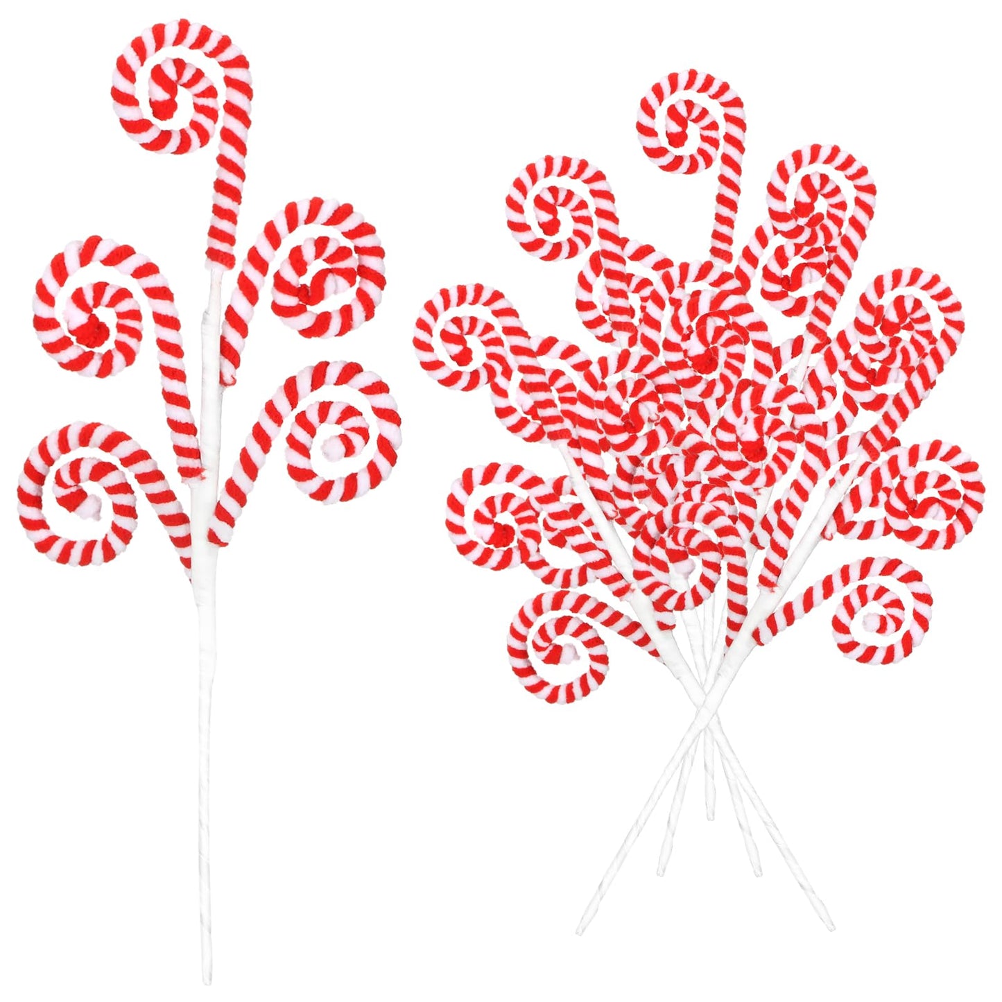Gerrii 12 Pcs Red and White Candy Cane Christmas Decoration 16" Tree Pick Peppermint Christmas Ornament Xmas Tree Topper Woolen Curly Lollipop Pick Spray for Holiday Party Vase Wreath Garland