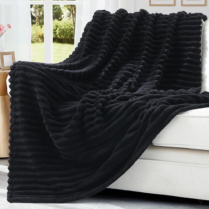 decorUhome Soft Fleece Black Twin Blanket for Bed, Cozy Fluffy Plush Flannel Striped Throws for Couch Sofa, Lightweight Decorative Ribbed Fuzzy Blanket for Woman, 60x80 Inches