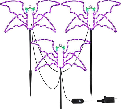 Halloween LED Bat Lights 3 Pack, Hanging or Stakeable Indoor & Outdoor Halloween Decor, 4 Light Modes, Timer Function, Perfect Yard & Party Decorations