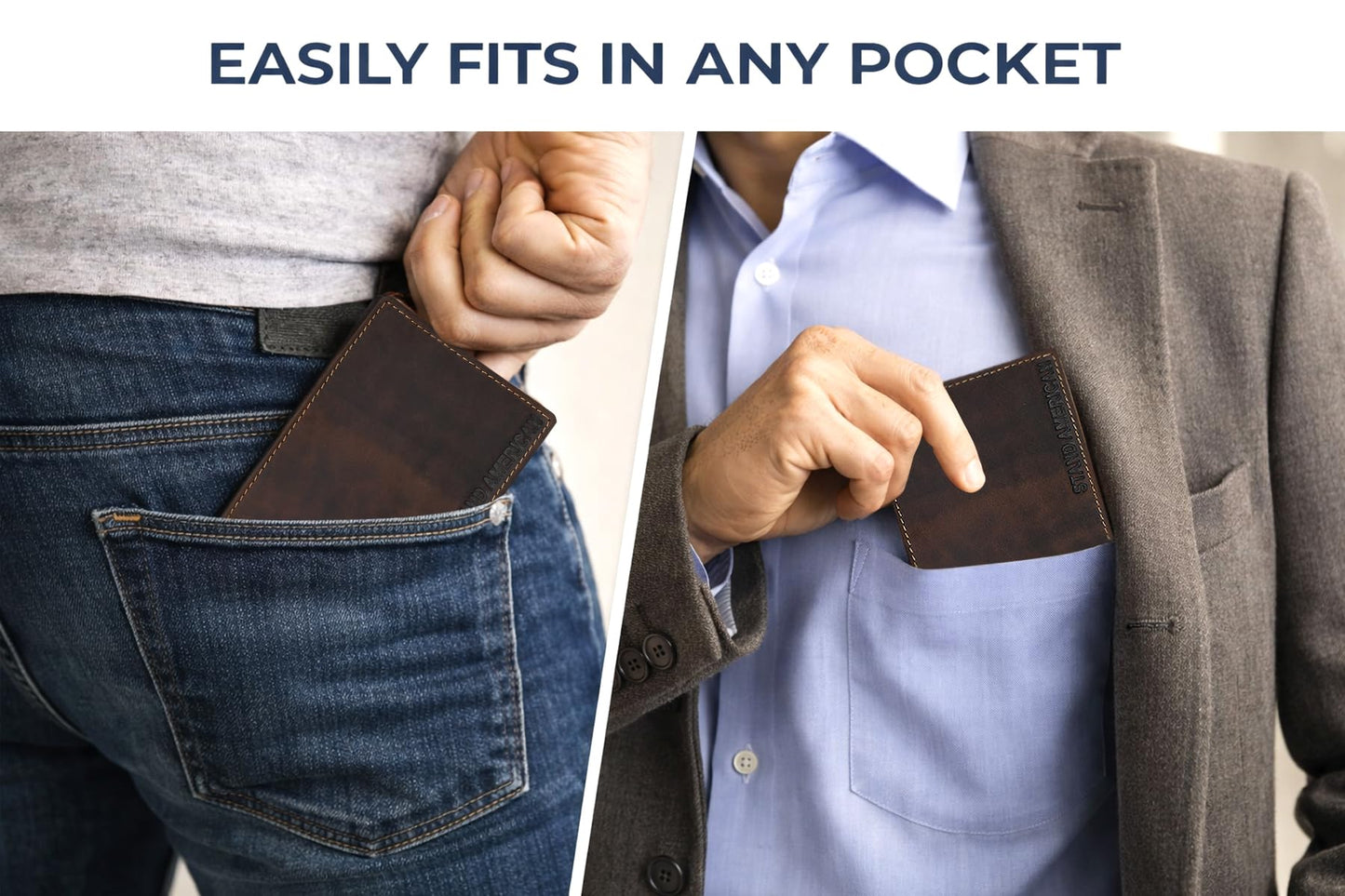 Stand American Men's Full Grain Hunter Leather Bifold Wallet with RFID Blocking - Slim Design with Total 7 Card Slots (2 Concealed Card Slots) ID Window & 2 Cash Pockets With Premium Stiching (TAN)