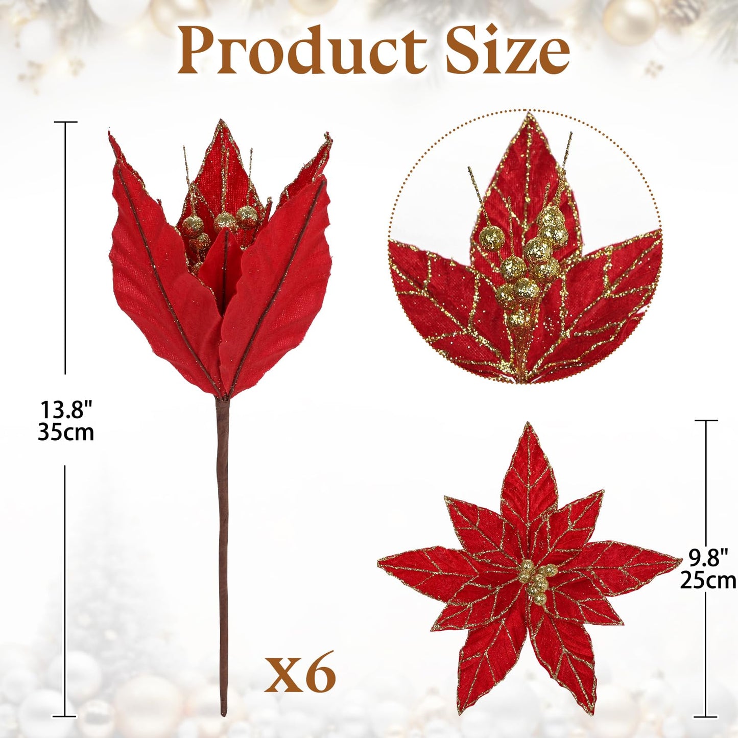 Briful 6 Pack Red Glitter Christmas Poinsettia Picks, 13.8'' Artificial Floral Stems with Gold Edges & Sparkle Beads, 9.8'' Blossom Holiday Flower Picks for Tree, Wreath, Table Centerpiece Decor