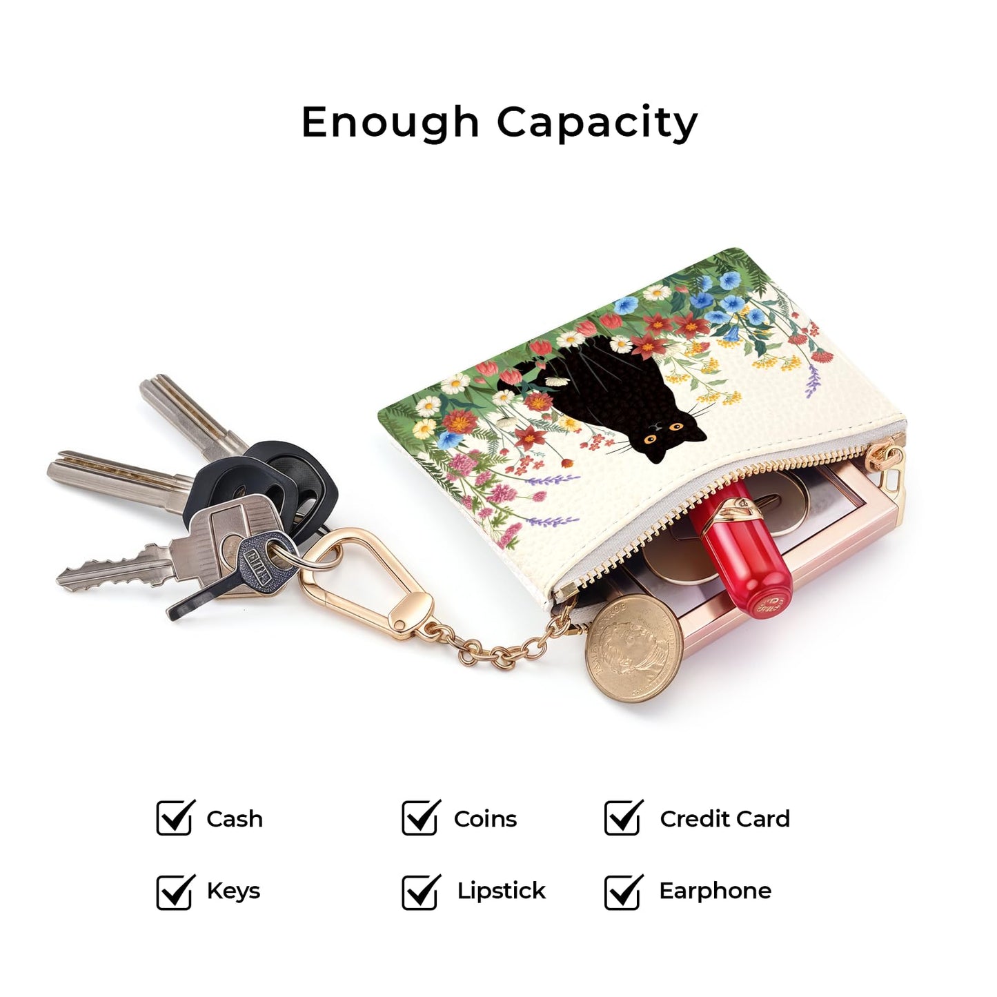 Sukyerios Black Cat Flower Floral Keychain Coin Purse for Women, Small PU Leather Change Pouch, Zipper Little Tiny Travel Wallet for Girls, Cute Kawaii Zip Pocket Coin Holder with Key Ring