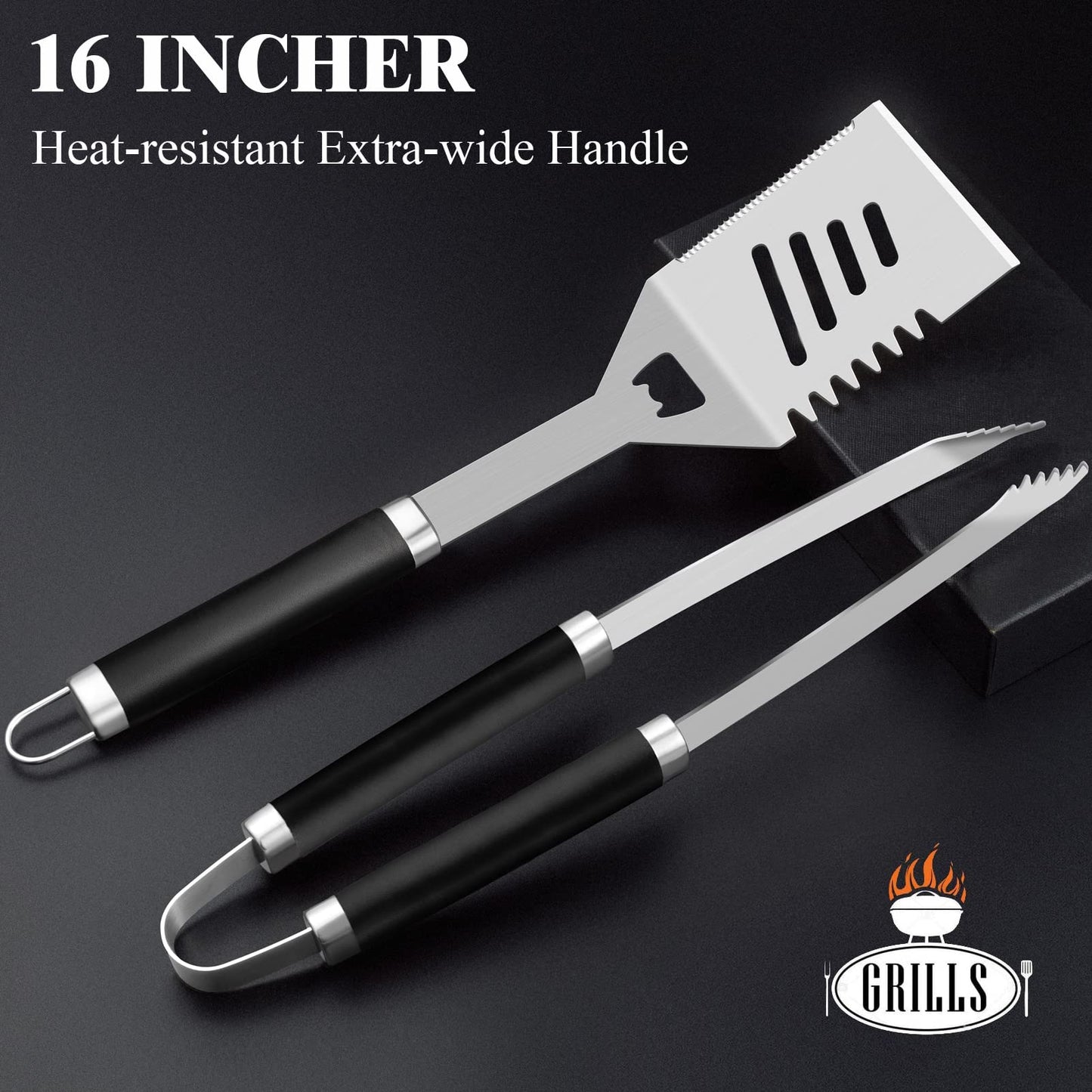 ROMANTICIST 26pcs Grilling Gifts for Men, Dad Gifts for Father's Day, Stainless Steel BBQ Grill Accessories Tools Set, Heavy Duty BBQ Utensils Kit with Apron, Thermometer, Mats in Aluminum Case Black